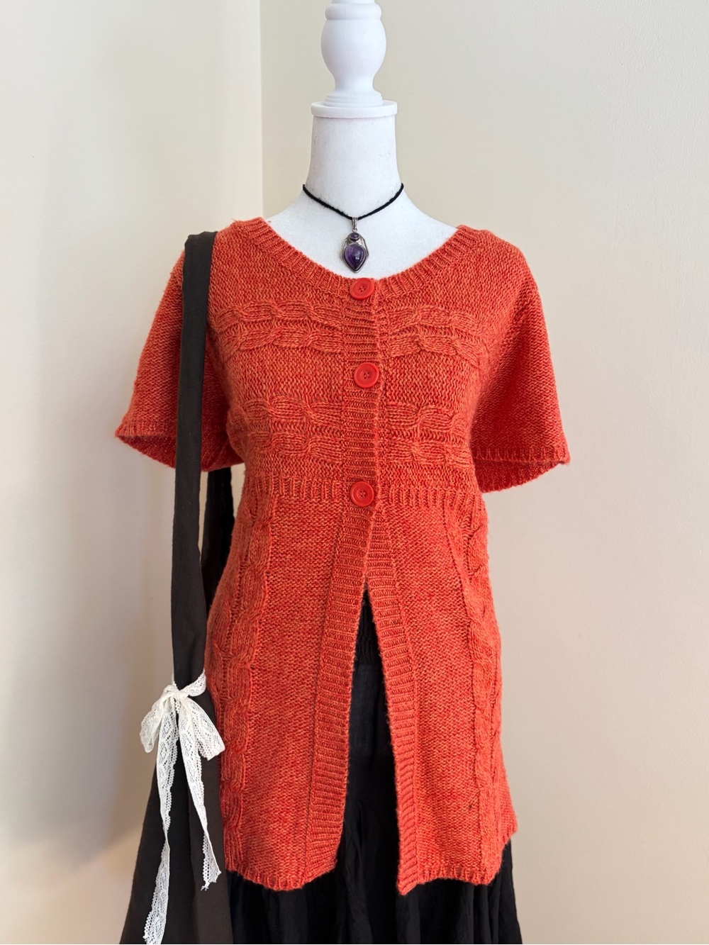 Vintage Y2K grunge babydoll cardigan orange cable knit duster sweater crochet XL